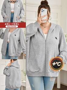 SHEIN CURVE+ Plus Size Women's Gray Knit Hooded Sweatshirt Sweatshirt, Embroidered Graphic Zip Up Hoodie,Fall For Women Winter Autumn