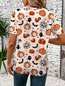 SHEIN LUNE Casual Simple Halloween Loose Round Neck Short Sleeve T-Shirt For Women, Suitable For Summer - Multicolor - View 4