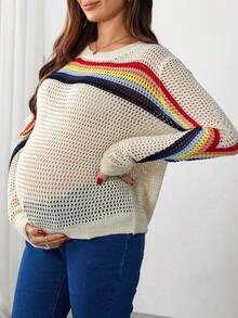 SHEIN Pregnant Women's Casual Striped Round Neck Drop Shoulder Long Sleeve Hollow Knit Sweater, Autumn