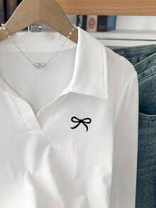 SHEIN Women's Bow Print White Long Sleeve Pleated Casual T-Shirt Fall Cloth For Women