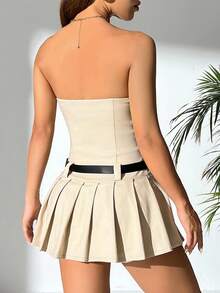 SHEIN PETITE Vestido Bandeau De Color Sólido Para Mujer Con Dobladillo Plisado - Albaricoque - Ver 2