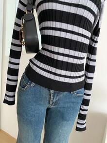 SHEIN Casual Striped Oversized Slouchy Pullover Sweater For Teen Girl Versatile For Students Fall Winter - Black - View 5
