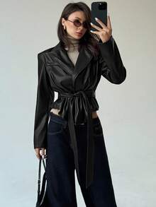 Aloruh 女士时尚翻领长袖西装外套，秋季 - 黑色 - 查看 7