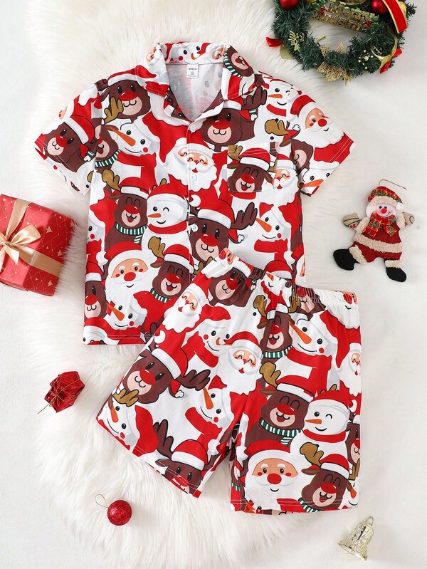 2pcs/Set Boys' Santa Claus, Reindeer, Snowman Cartoon Graphic Casual Comfortable Pajama Set, Spring/Summer