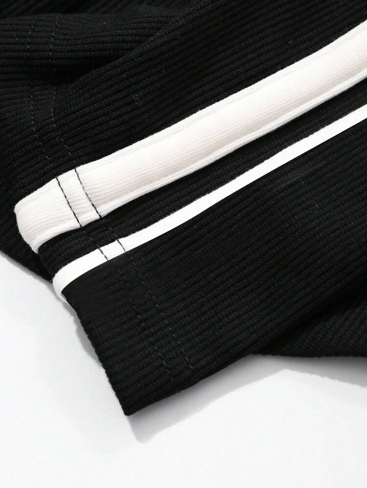Women Zipper Placket Bodycon Side Stripe Cropped Casual T-Shirt, Autumn Long Sleeve Women Tops