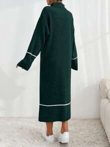SHEIN Cottnline Turtleneck Ribbed Colorblock Casual Long Sleeve Women Sweater Dress - Dark Green - View 2