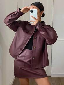 Siren Gaze 2pcs/Set PU Women's Solid Color Jacket Coat Top And Mini Skirt,New Years Women Outfit,Burgundy Red Angora Red,Cargo Jacket And Skirt With Pockets,Casual Daily Wear,FW24,Commute,Minimalist,Casual Daily Wear,Christmas,New Years,New Year Eve, Fall / Winter,Elegant Vintage Women's Clothing,Burgundy LeatherJacket Coat Top And  Skirt , Suitable For Going Out And Parties Top,New Years Women Outfit