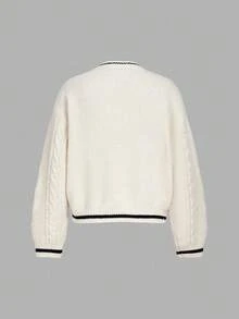 SHEIN Unity Women's Contrast Color Drawstring V-Neck Casual Pullover Sweater In Fall/Winter - Apricot - View 2