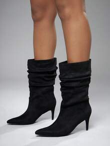 SHUZIA Women's Glamorous Sexy Pointy Toe Kitten Heel Faux Suede Slouchy Boots For Christmas - Black - View 4