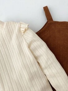 Loomiva Ensemble de t-shirt à manches longues décontracté pour jeune fille, ensemble tricoté côtelé 2 pièces, vêtements d'automne. Ensemble robe pull en velours côtelé, ensemble robe en velours côtelé, ensemble col roulé, ensemble volant ourlet, ensemble robe marron, tenue marron pour enfants - Blanc - Voir 7
