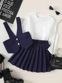 SHEIN Young Girls Comfortable Blue Sleeveless Vest Jacket Paired With White Long Sleeve Casual Undershirt, Pleated Skirt Outfit, Autumn/Winter Fall - Blue - View 4