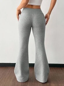 SHEIN PETITE 休闲低腰抽绳腰弹力运动裤喇叭裤运动裤保暖内衬复合绒适合秋冬季 - 淺灰色 - 查看 2