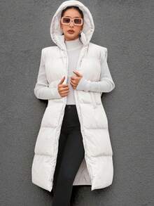 EURMUSE Solid Zip Up Hooded Puffer Vest Coat - White - View 1