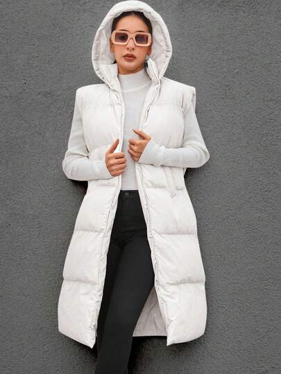 EURMUSE Solid Zip Up Hooded Puffer Vest Coat