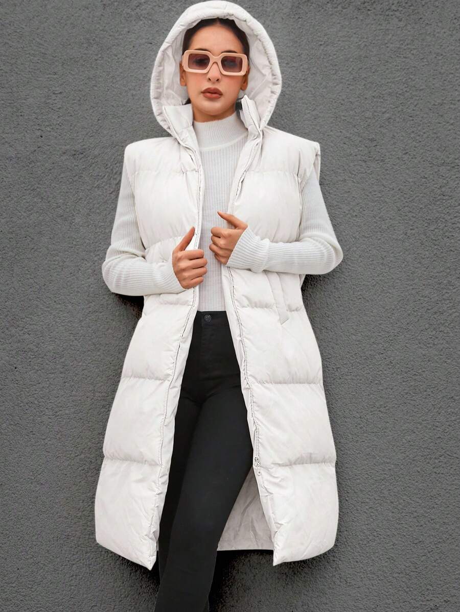 EURMUSE Solid Zip Up Hooded Puffer Vest Coat - White - View 1