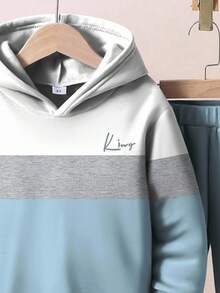 SHEIN 年轻男孩休闲宽松舒适大号英文字母拼色街头潮流 Y2K 风格宽松连帽卫衣 2 件套，适合秋冬季 - 彩色 - 查看 5