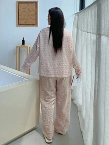 Dazy Plus Plus Size Women Contrast Lace Casual Loose Pajama Set, Suitable For Loungewear Or Outerwear, Fall & Winter Clothes