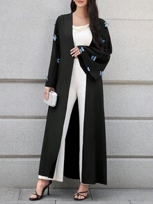 Al Najma Áo choàng Abaya Ả Rập dài rộng rãi có họa tiết bướm dành cho nữ - màu đen - Xem 3