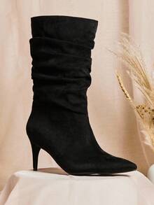 SHUZIA Women's Glamorous Sexy Pointy Toe Kitten Heel Faux Suede Slouchy Boots For Christmas - Black - View 2