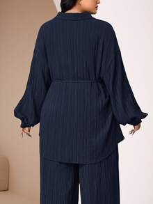 Veilorie 2pcs Plus Size Plain Front Button Long Sleeve Casual Blouse And Pants Set 2 Pieces Set - Navy Blue - View 4