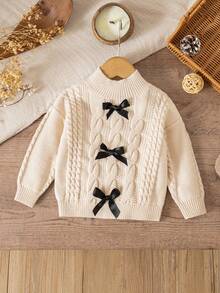 SHEIN Toddler Girls' Colorblock Bow Decor Turtleneck Long Sleeve Sweater Fall Winter - Khaki - View 7