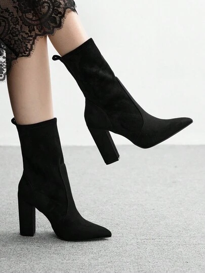 CUCCOO BIZCHIC Botas de tacón grueso de media pantorrilla con punta puntiaguda negro para mujer, adecuadas para ir al trabajo, citas, fiestas y vacaciones