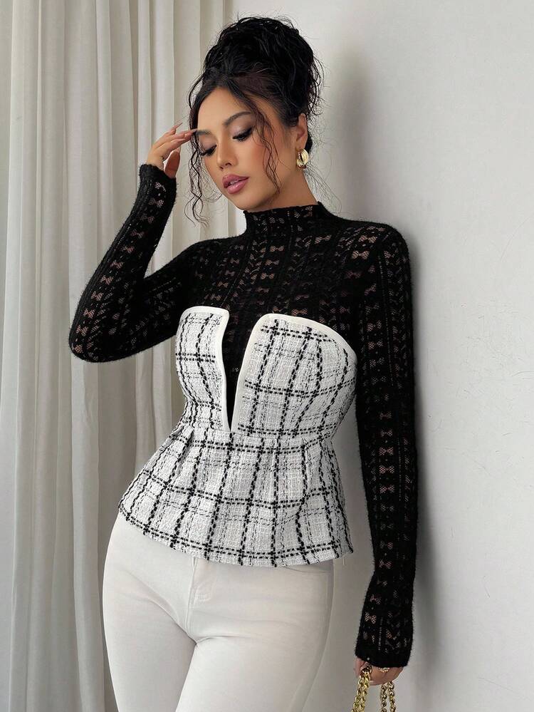 Women's Elegant 2 In 1 Contrast Lace Base Layer T-Shirt Long Sleeve Top