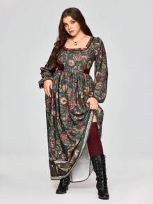 ROMWE EDITION Vintage Medieval Floral Print A-Line Plus Size Dress - Multicolor - View 11
