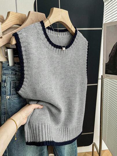 Franclia Casual Loose Crew Neck Sleeveless Knitted Contrast Trim Khaki Sweater Top For Women, Spring/Autumn