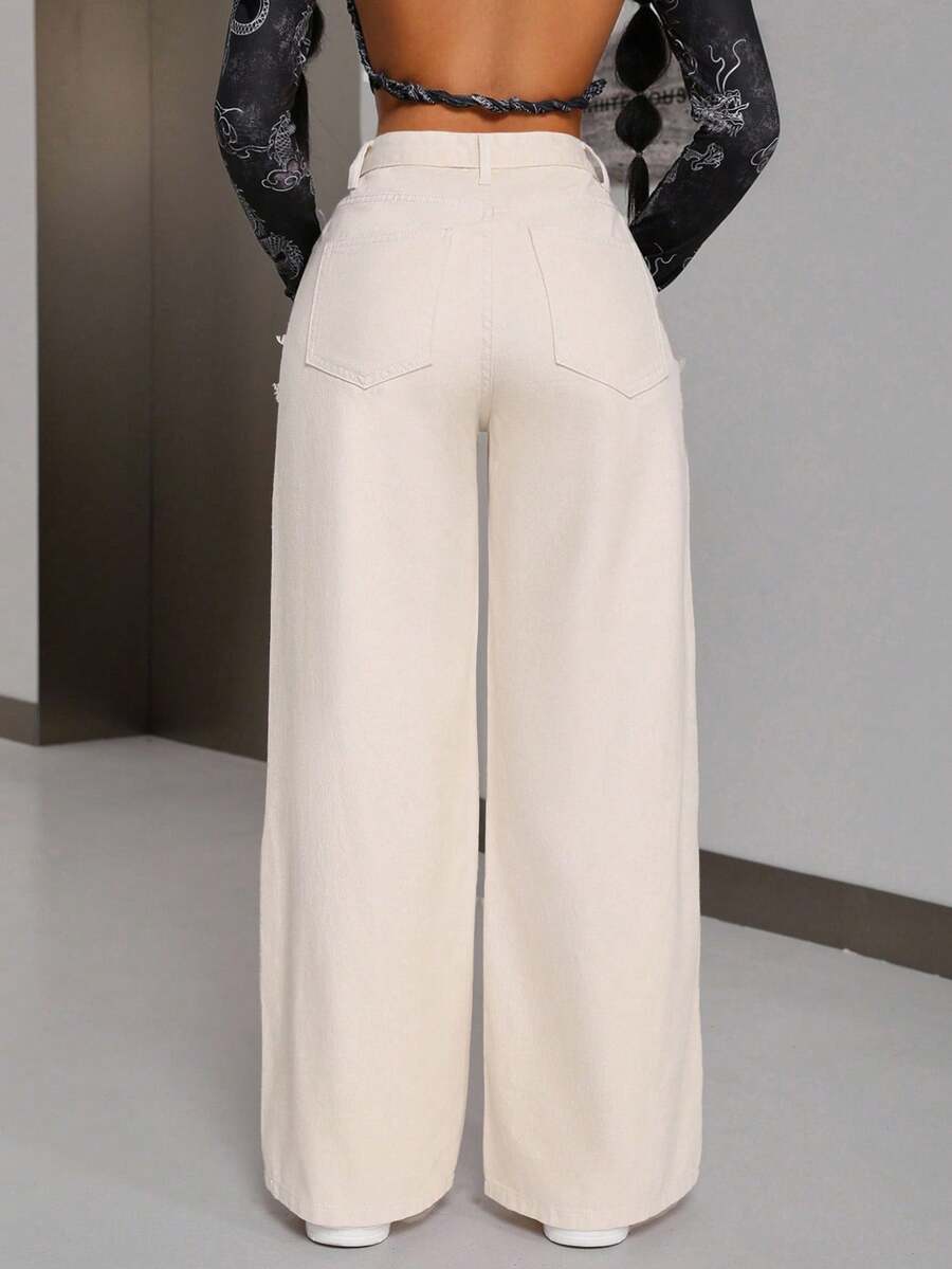 SHEIN PETITE 女款寬鬆拼接牛仔褲,附抓絨裝飾,適合嬌小女性 - 米色 - 查看 1