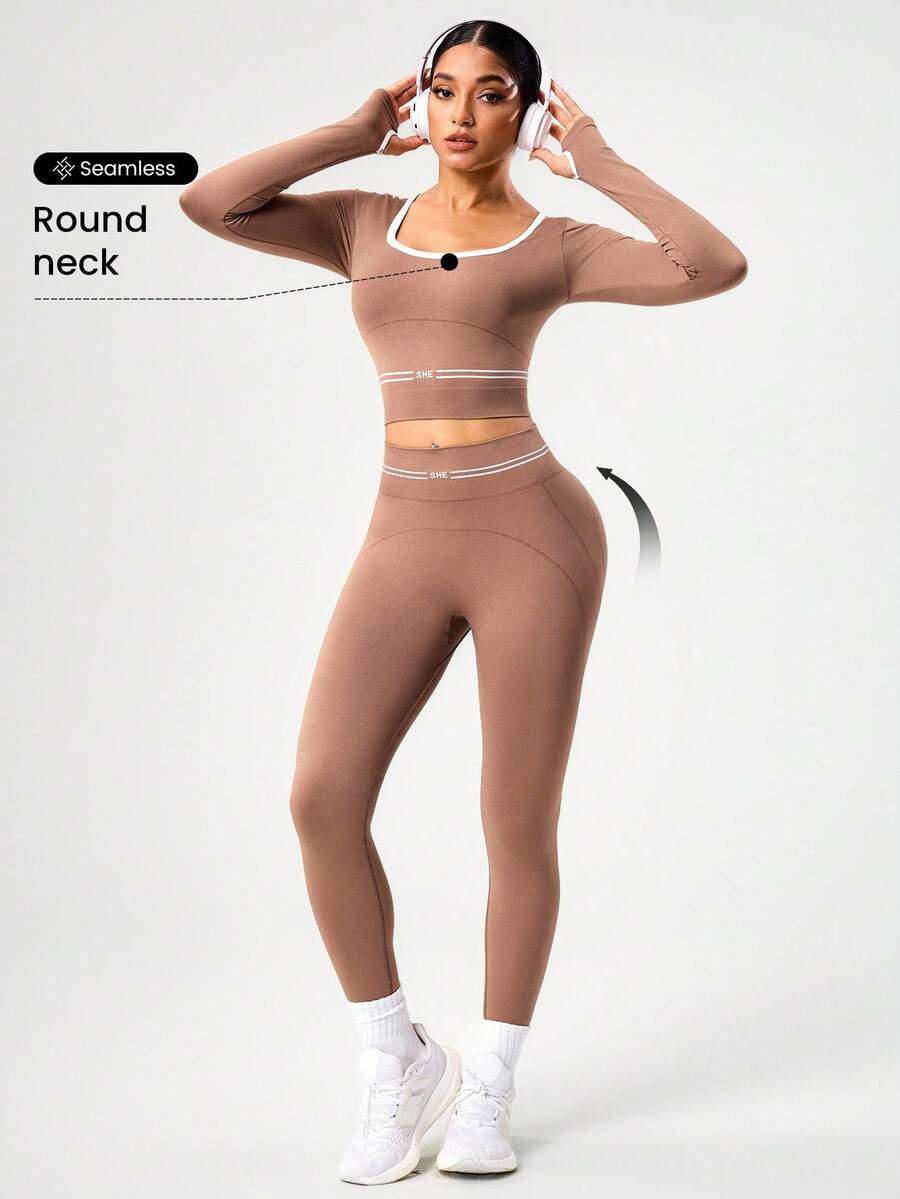 SHEIN Sports Damen nahtloser figurbetonter Kontrast-Farben Sportset - Kaffeebraun - Übersicht 1