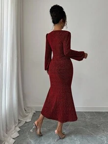 DAZY Elegant Sequin V-Neck Fishtail Midi Dress For Women, Autumn Red Women Dresses Prom Dress Christmas - Burgundy - View 2