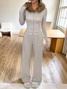 SHEIN EZwear Set de 2 piezas de top con capucha y pantalones casuales para mujer - Albaricoque - Ver 4