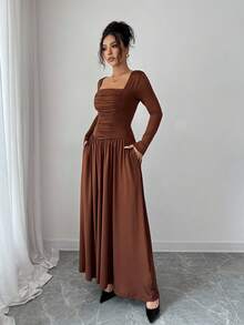 Elenzga Women's Coffee Brown Square Collar High-End Design Front Panel Splice Ruched Slim Fit Cinched Waist Elegant Long Sleeve A-Line Midi Dress, Suitable For Commuting In Autumn Fall Cloth For Women - Coffee Brown - View 6