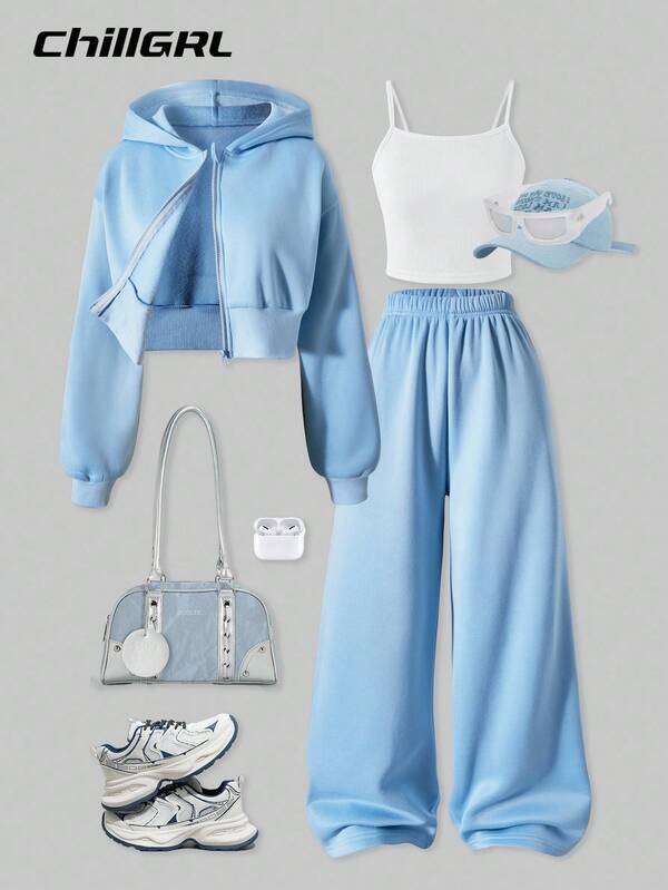 SHEIN 3pcs/Set Teen Girls Solid Color Fleece Lined Zip-Up Hoodie, Camisole And Wide Leg Pants Casual Outfit, Suitable For Daily Wear, Commuting And School Fall Winter