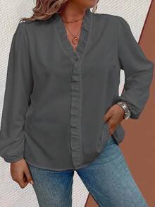Flouryn 大码女式休闲 V 领荷叶边灯笼袖衬衫，纯色，适合春秋季日常通勤 - 灰色 - 查看 3
