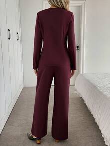 SHEIN LUNE 2 pièces/Set Chemise à manches longues avec boutons col V et pantalon évasé, tenue de bureau décontractée et élégante pour femme - Rouge foncé - Voir 2