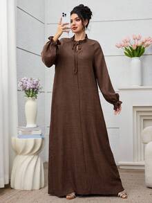 Yasmyna Ruffle Trim Tie Neck Loose Fit Long Sleeve Elegant Casual Dress