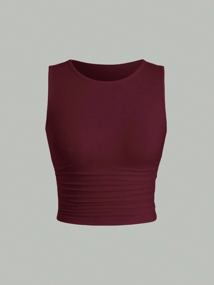 Sweetra Casual Solid Color Ruched Fitted Tank Top, Summer - Burgundy - View 1
