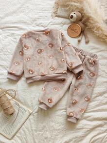 Vintaside Kids 2pcs Baby Boy Bear Head Plush Print Long Sleeve Sweatshirt Matched With Drawstring Pants Casual Outfit Fall Winter - Brown - View 2