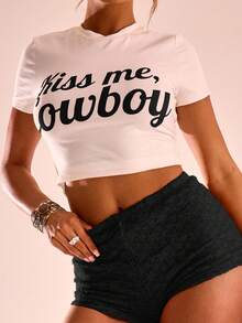 MUSERA Western Cowboy Print Cap Sleeve Crop Top Graphic Tees Boho Club Sexy Hoedown Graphic Tees Airport Holiday Nashville Party Spring Summer - White - View 6