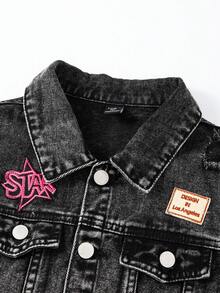 SHEIN 青少年男孩时尚休闲 Y2K 复古酷炫街头风返校学院风可爱字母标签设计简约基础舒适黑色牛仔翻领长袖外套柔软日常穿着秋冬派对音乐节居家街头风校园装 - 黑色 - 查看 4