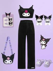 HELLO KITTY AND FRIENDS | SHEIN Ensemble femme composé d'un Top bandeau court avec broderie de bande dessinée et d'un pantalon droit et ample à taille élastique - Noir - Voir 1