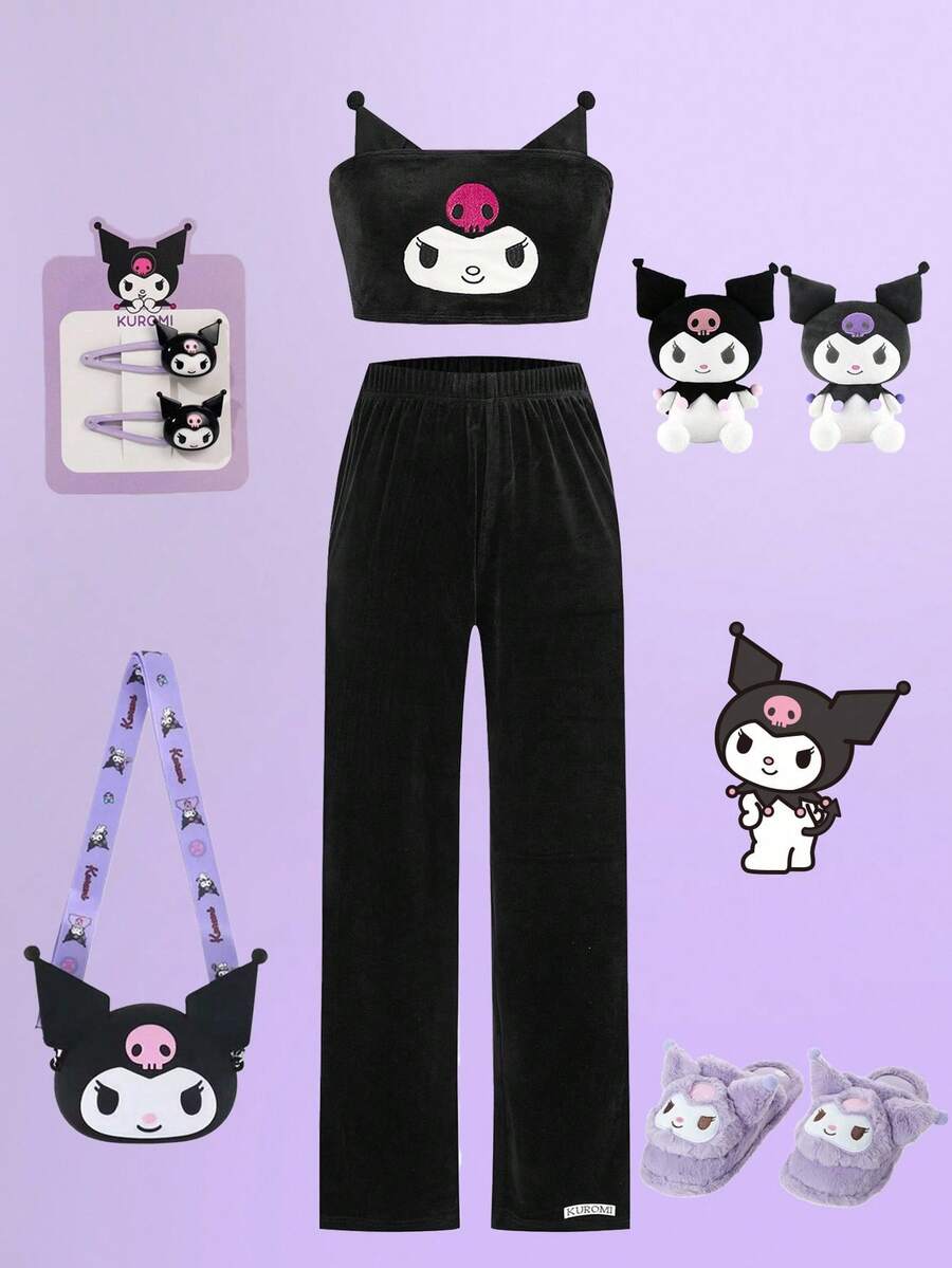 HELLO KITTY AND FRIENDS | SHEIN Ensemble femme composé d'un Top bandeau court avec broderie de bande dessinée et d'un pantalon droit et ample à taille élastique - Noir - Voir 1