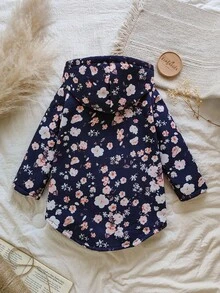 SHEIN Vintaside Kids 年轻女孩的碎花保暖内衬连帽纽扣夹克，时尚休闲，适合日常穿着 - 彩色 - 查看 2