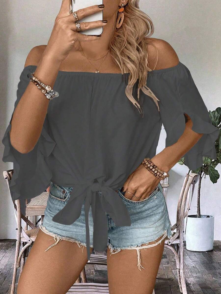 EMERY ROSE Camisa corta de mujer talla grande de unicolor con hombros descubiertos y lazo delantero, para verano - Gris - Ver 1