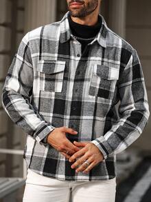 Manfinity CasualCool Plus Size Men's Long Sleeve Casual Plaid Print Button-Up Shacket , Fall - Multicolor - View 6
