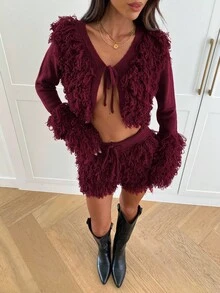 Aloruh Damen Einfarbiger Cardigan mit Fransen und Bindeband an der Vorderseite, Langarm, kurz geschnitten, und gestrickte Shorts, sexy 2 Stücke Set, Herbst - Bordeaux - Übersicht 5