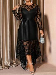 Cravure Damen Große Größen PU Kontrast Mesh Elegantes Asymmetrisches Saum Party Kleid - Schwarz - Übersicht 6