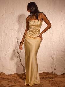 Opulessa 女士纯色编织修身抹胸优雅上衣，适合优雅派对、秋冬、圣诞节、新年派对、婚礼宾客、毕业典礼等场合。 - 黃色 - 查看 5